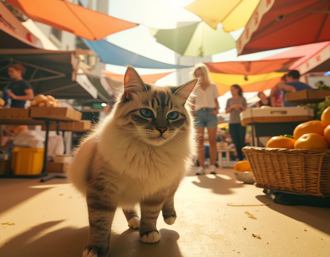 Cat wanders through a lively market, surrounded by fresh produce, baked goods, and aromas.